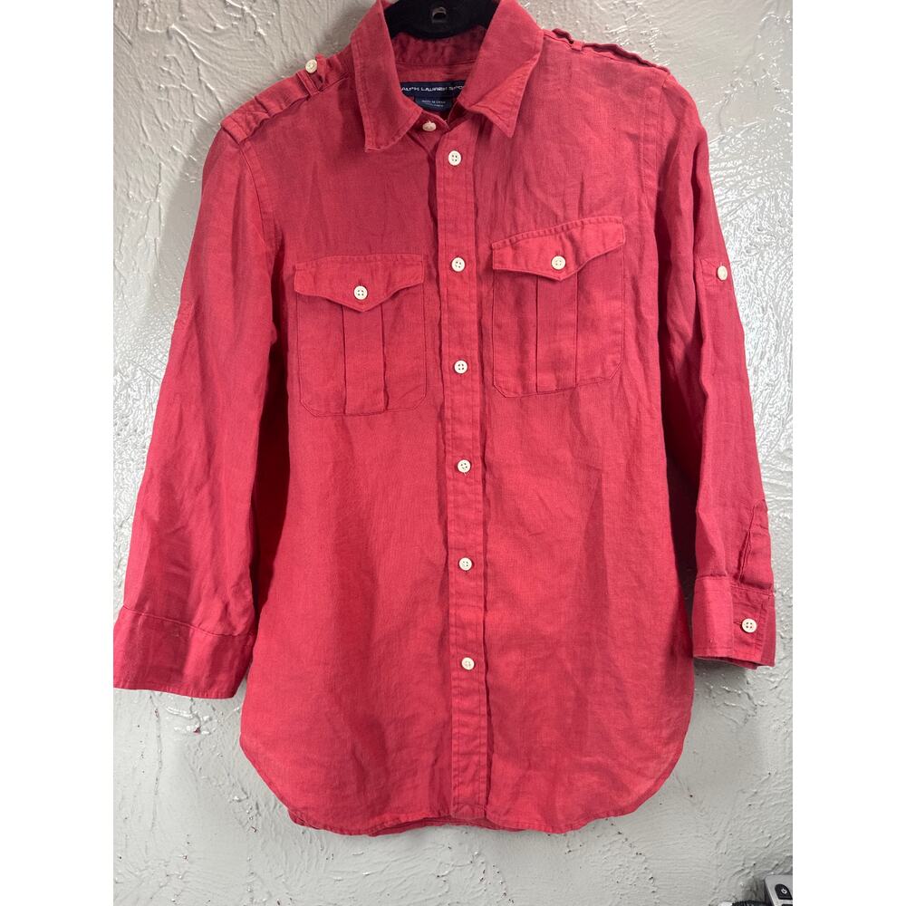 Ralph Lauren Sport RED LONG SLEEVE LINEN Button Down SHIRT Womens size 2‎